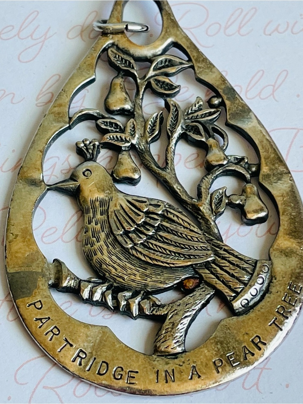 Torino Vintage Partridge in a Pear Tree Decorative Bird Silver Tone Pendant 2.5"